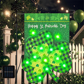 Vigor Home St Patrick's Day flag lit at dusk with solar-powered LEDs for bright outdoor ambience