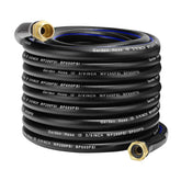 VIHEG 75ft garden hose coiled for easy storage and quick setup.