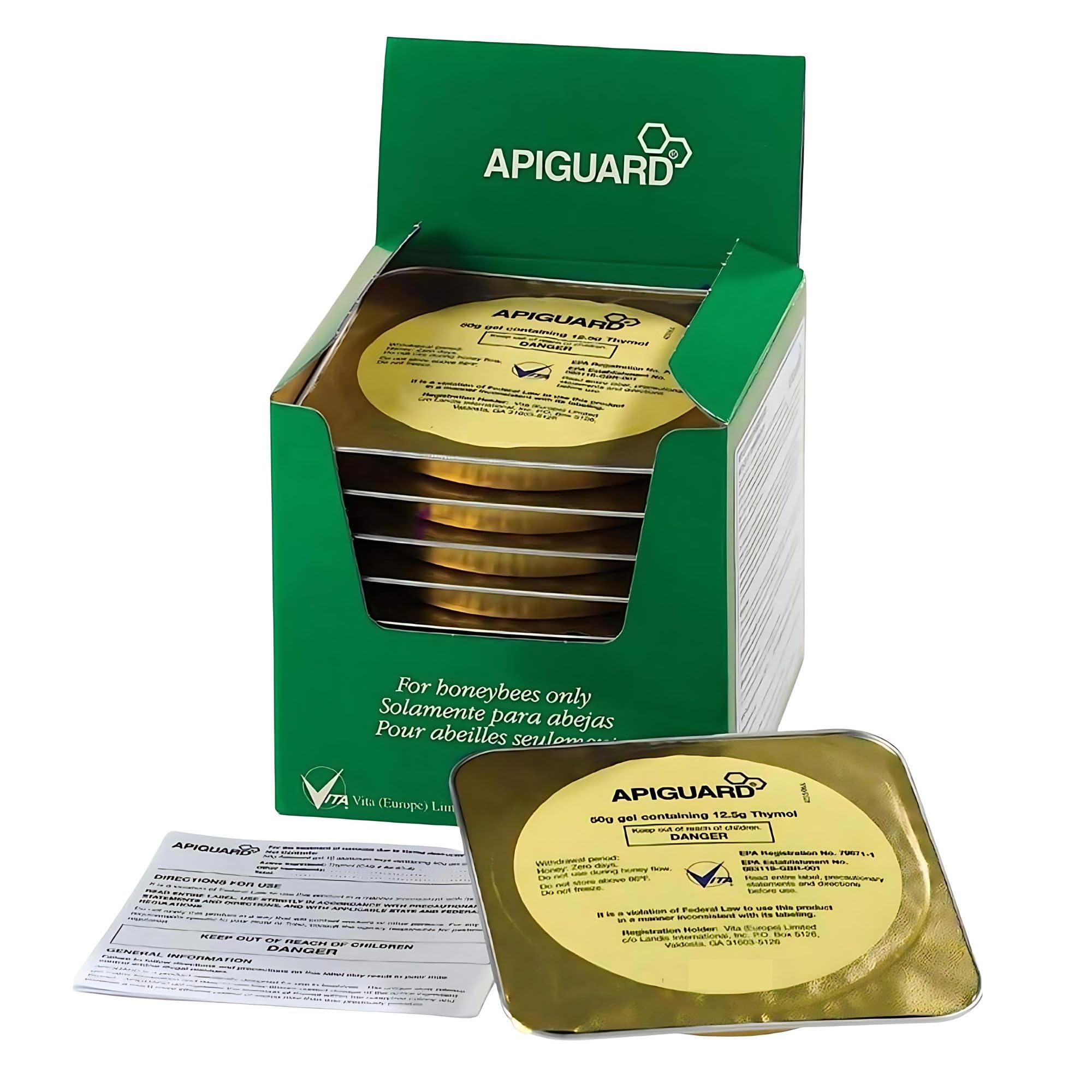 Vita Bee Health Apiguard thymol gel tray on brood frames for natural mite control.