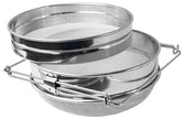 VIVO honey strainer over a bucket filters debris for cleaner honey.