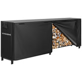 VIVOHOME 8ft firewood rack with black cover, organized on a patio for easy access.