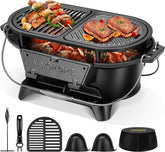 VIVOHOME oval cast iron grill with interchangeable grates for versatile cooking setups.