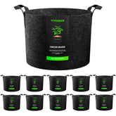 VIVOSUN 10-pack 25-gallon grow bags arranged for garden setup, sturdy and breathable.