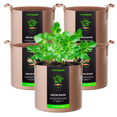VIVOSUN 5-pack 3-gallon grow bags in tan with thickened nonwoven fabric for durable use.