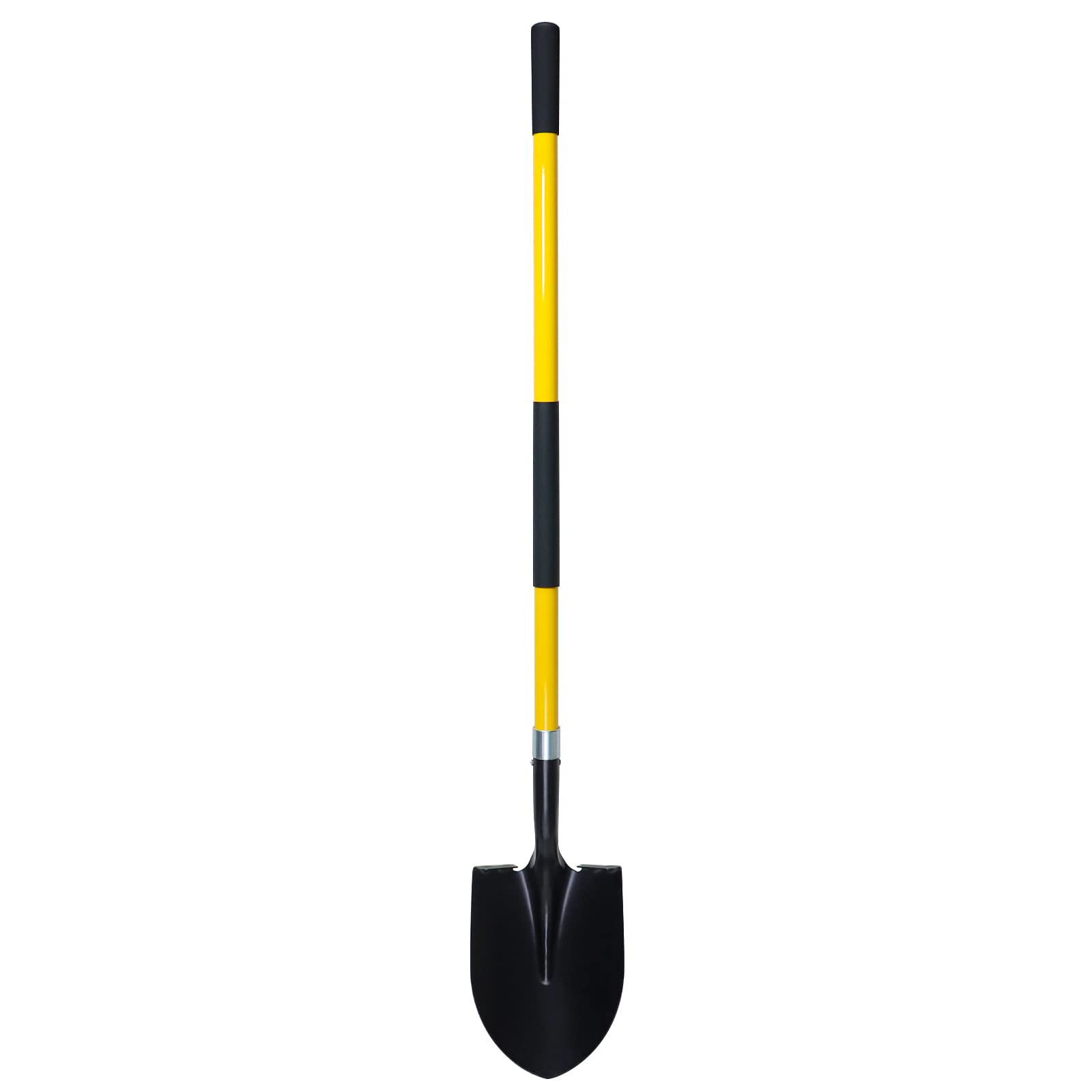 VNIMTI heavy-duty shovel with 56-inch round blade and yellow fiberglass handle, ideal for deep digging.