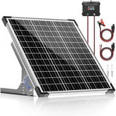 Voltset 50W solar panel mounted on a roof soaking sunlight to top up 12V batteries.