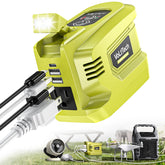 VoLtTech Real 200W inverter powering devices with Ryobi 18V battery on the go.