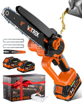 VOTREK 8-inch mini chainsaw with battery pack for extended outdoor work.