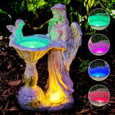 Voveexy solar garden statue angel figurine with color-changing RGB light for night ambience.
