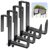 VOXOR window box brackets on a railing setup with adjustable fit for multiple planter sizes.