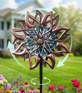 VUFOZ dahlia-inspired wind spinner outdoors adds color and balance to your garden.