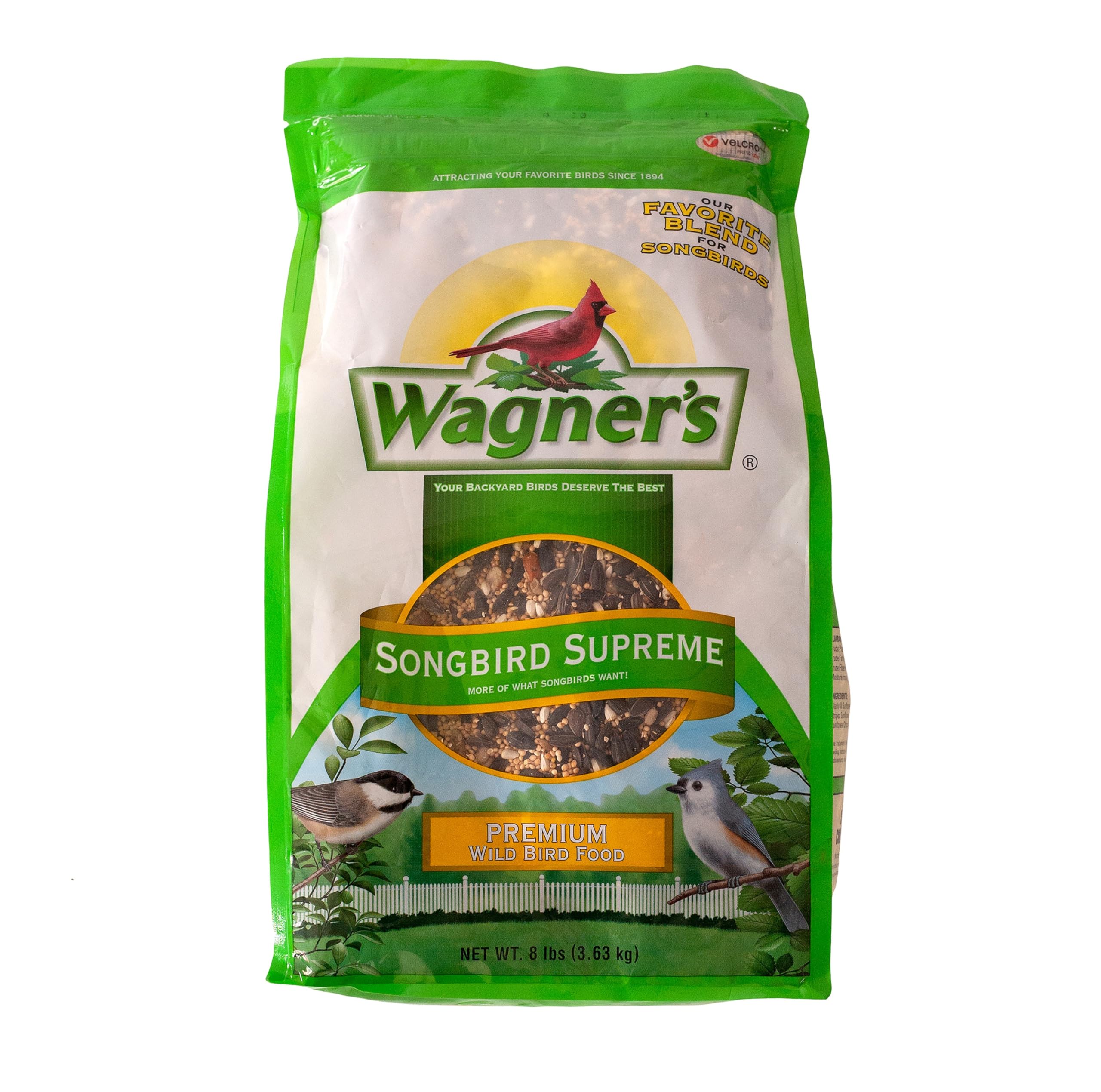 Wagner's Songbird Supreme 8lb bag displaying premium seed mix to attract backyard songbirds.