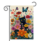 Wanpluml spring cat flag front view with butterfly and sunflowers for outdoor charm.