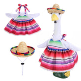 Watayo Mexican goose outfit with sombrero enhances festive porch decor.