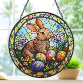 WDARTG Easter stained glass window hanging with bunny eggs, a vibrant sun catcher for sunny windows.