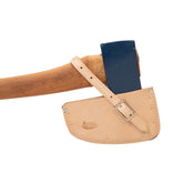 Weaver Leather Arborist Axe Guard tan, front view, protects blade edge during storage.