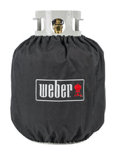 Weber 20 lb propane tank cover front view with weather-resistant fabric for outdoor use