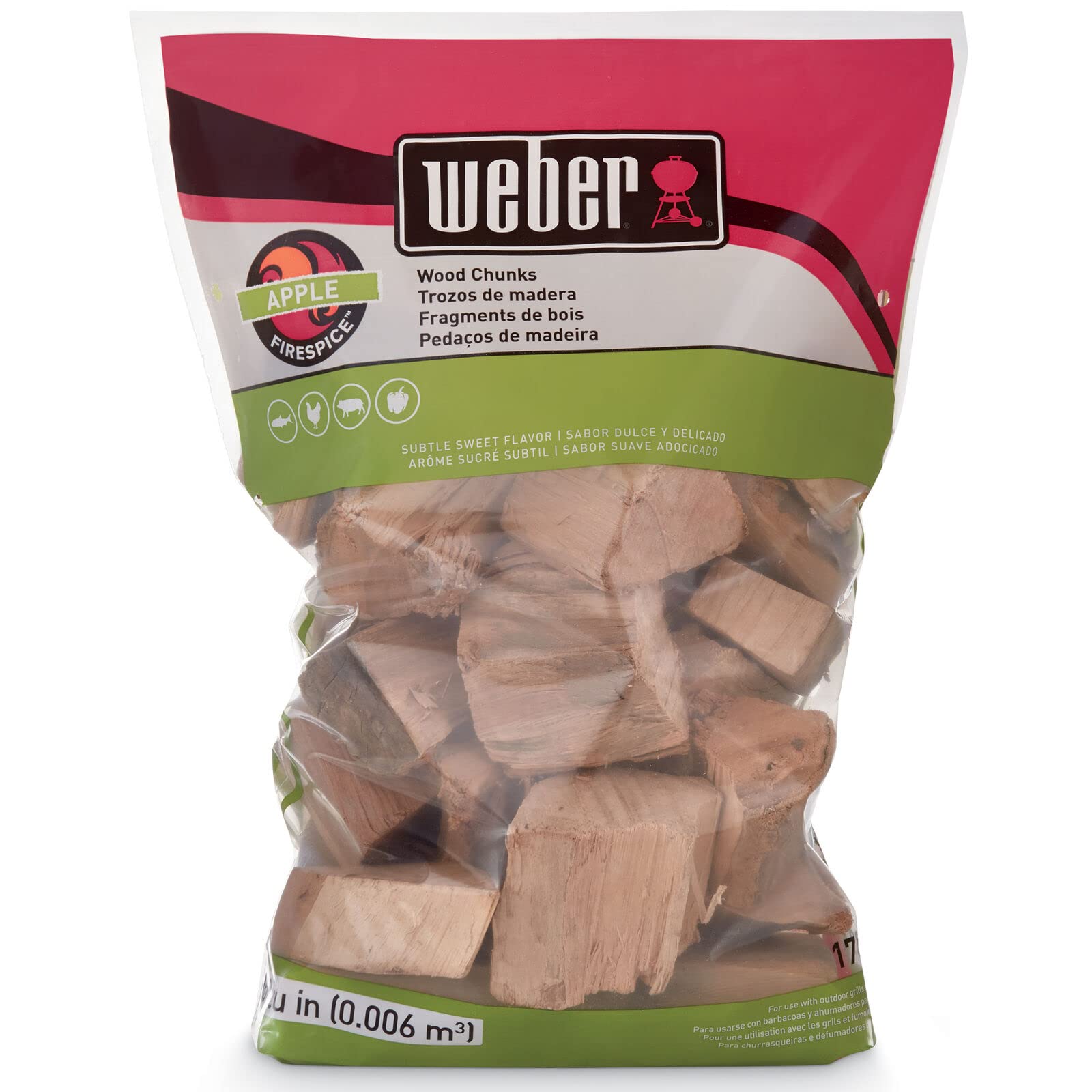 Weber Apple Wood Chunks bag showing delicate apple sweetness for poultry and pork.