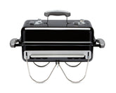 Weber Go-Anywhere grill closed for transport, ideal for camping and travel.