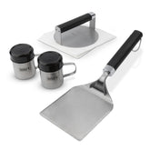 Weber Smashed Burger Press forms even patties for edge crust.