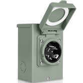 Welluck 30-amp generator inlet box front view showing rugged outdoor design for outages
