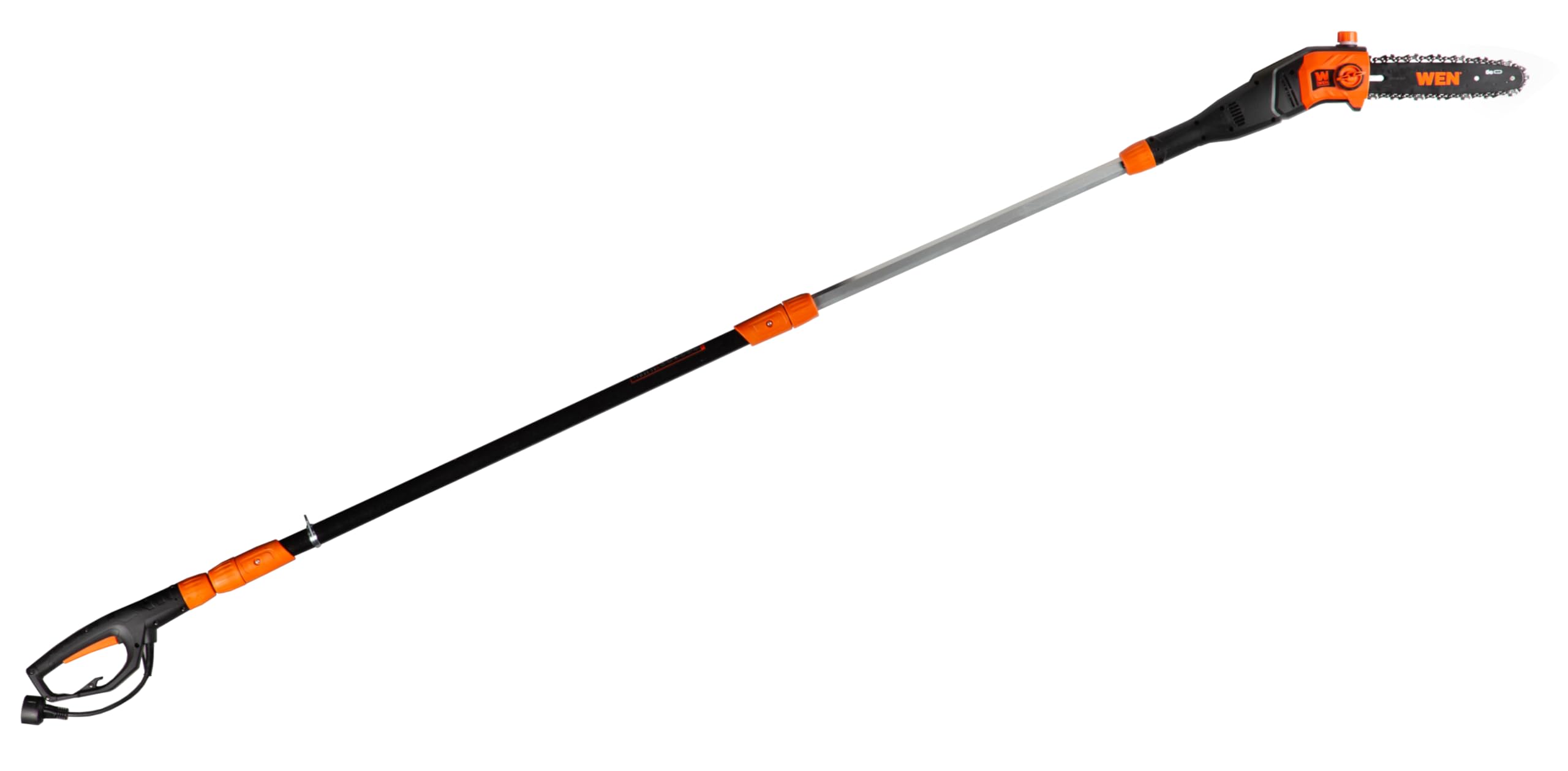 WEN electric pole saw with overhead-reach extension for pruning tall branches.