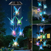 WENANA blue hummingbird solar wind chime glowing at night in the garden