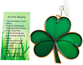 Westmon Works Irish suncatcher shamrock shines in sunlight, adding a festive window glow.