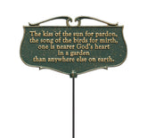 Whitehall Kiss of the Sun garden sign in green and gold, durable aluminum for outdoors.