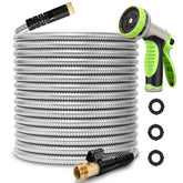 WHOBUY 100ft metal garden hose coiled for easy storage and quick deployment.