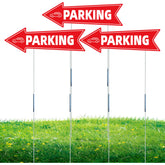 WHWHW parking sign with left arrow enhances venue traffic flow outdoors.