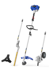 Wild Badger Power 26cc weed wacker showing versatile yard attachments for edging and trimming.