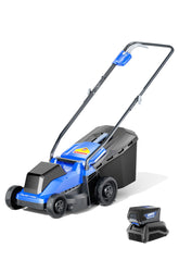 Wild Badger Power 40V 14in lawn mower front-angle shows compact form for tight spaces and precise cuts.