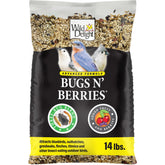 Wild Delight Bugs N Berries bag front showing protein-rich insect blend for backyard birds.