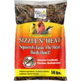 Wild Delight Sizzle N' Heat bird seed bag deters squirrels while attracting backyard birds.