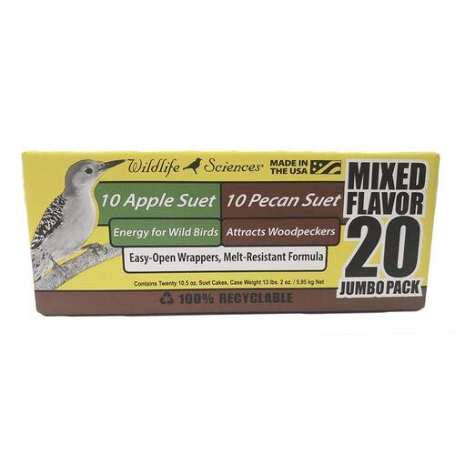 Wildlife Sciences suet cake Apple-Pecan 20-pack cover image, durable packaging for easy outdoor bird feeding.