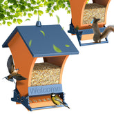 Wildpark orange feeder front view shows durable metal build and clear seed window.