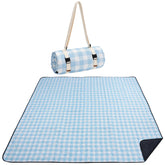 WILLOW WEAVE picnic blanket top view with blue-white check, ideal for outdoor picnics.