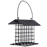 Winemana suet feeder outdoors with cage focus attracts chickadees and woodpeckers.