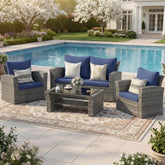 Wisteria Lane four-piece patio set with blue cushions for versatile outdoor living