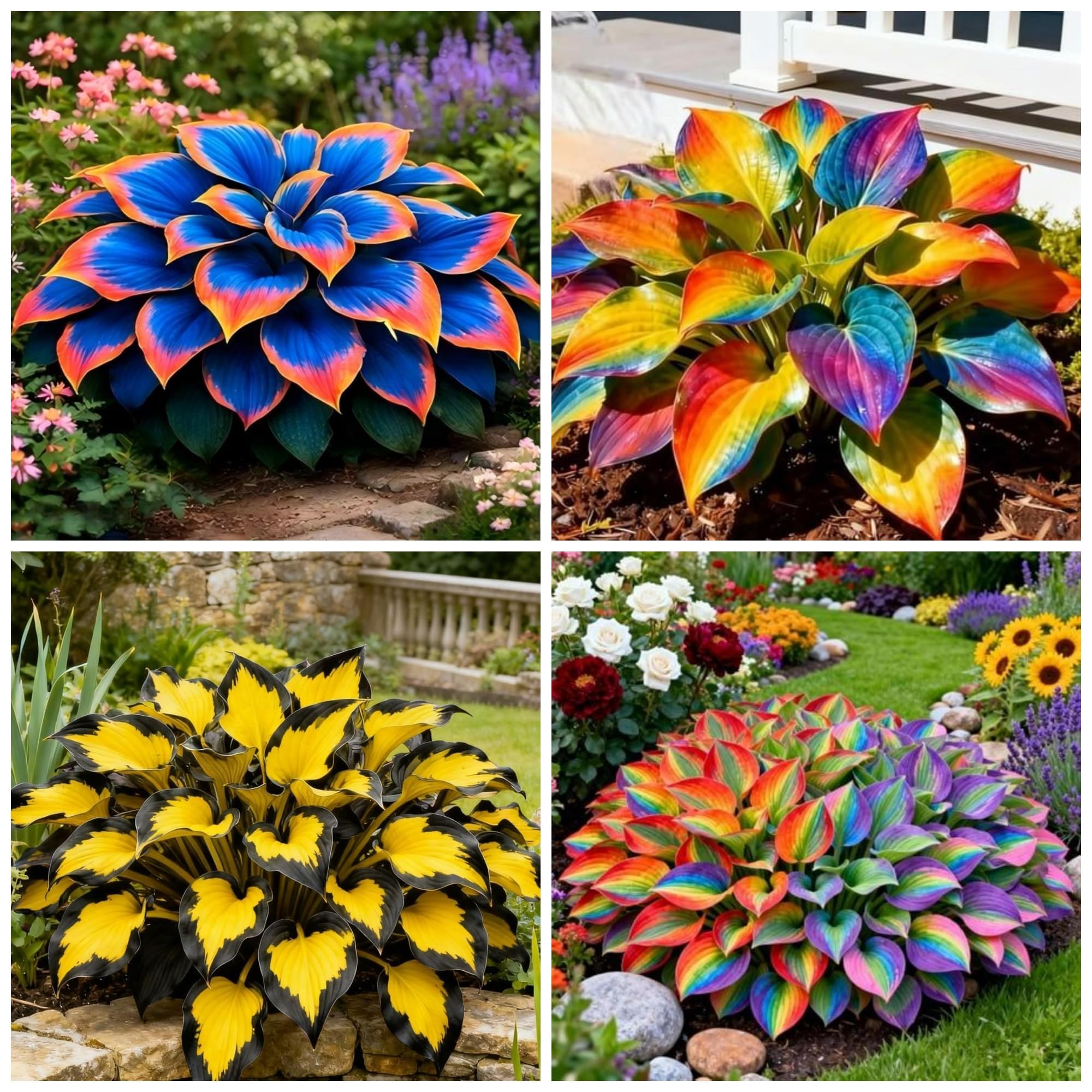 Wivolibe rainbow hosta seeds with heart-shaped leaves add vibrant foliage in shaded garden beds.