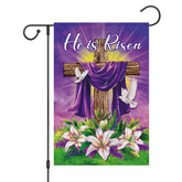 Wodison He is Risen flag shows cross, lilies and dove for outdoor Easter display.