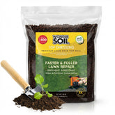 Wonder Soil top dressing bag closeup shows premium lawn soil for thicker, greener turf.