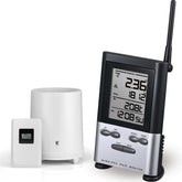 WondMall wireless rain gauge outdoors with thermometer for real-time yard monitoring.