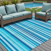 WondRg outdoor rug in blue teal stripe adds color to porches and decks