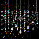 Worgree sun catcher prism collection hanging in a window to cast colorful rainbows