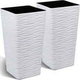 Worth Garden 22-inch square planter in white viewed from front, ideal for framing a doorway.