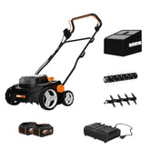 WORX WG855 dethatcher in action showing 14-inch width for quick thatch removal