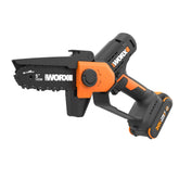 WORX Mini Chainsaw showing 5-inch cutting capacity for pruning tasks