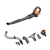 WORX WG545 cordless leaf blower with wide nozzle for thorough exterior clearing.